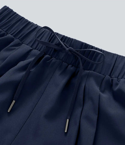 High Waisted Elastic Waistband Drawstring Pleated Yoga Shorts 3" with Pockets