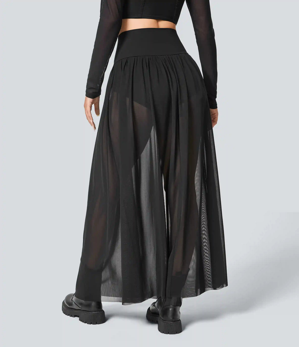 High Waisted 2-in-1 Mesh Flowy Maxi Casual Skirt