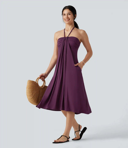 Halter Tie Back A-Line Midi Dress with Pockets