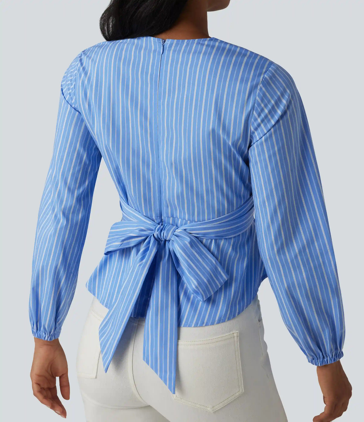V Neck Long Sleeve Tie Back Stripe Work Blouse