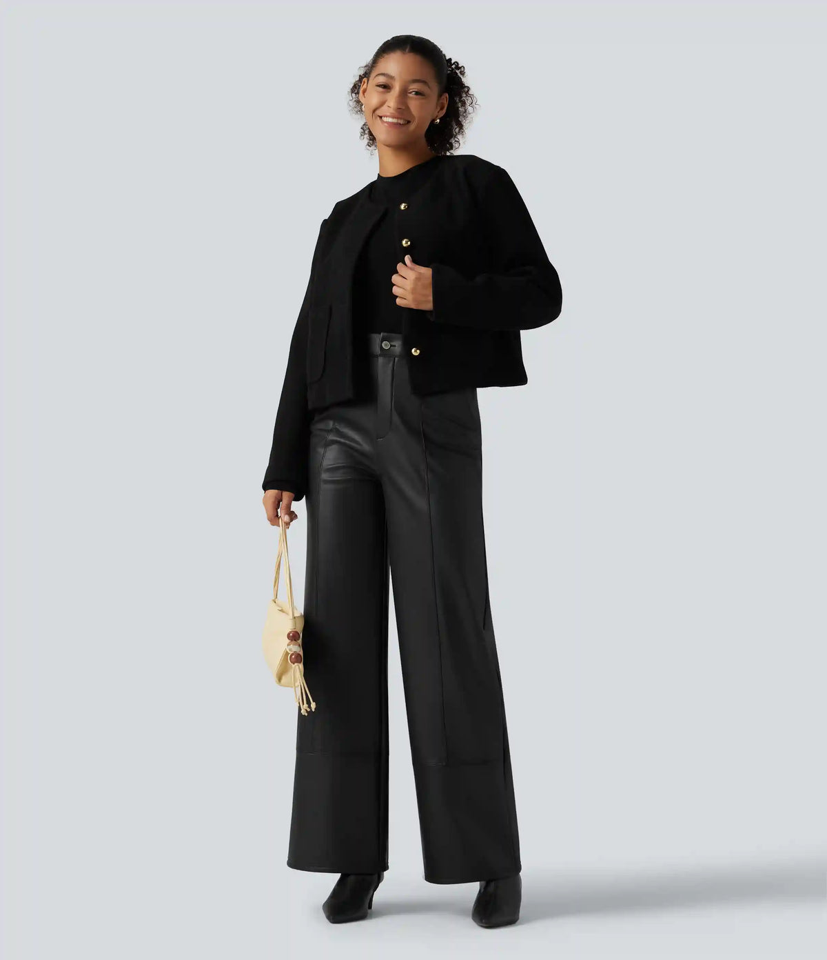 High Waisted Straight Leg Seam Stretchy PU Fleece Casual Leather Pants with Pockets