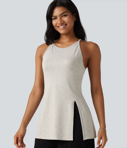 Round Neck Split Hem Slim Casual Tank Top
