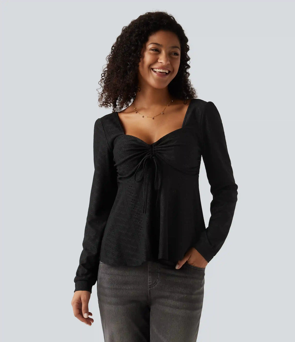 Sweetheart Neck Long Sleeve Lace Up Built-in Bra Eyelet Casual Top