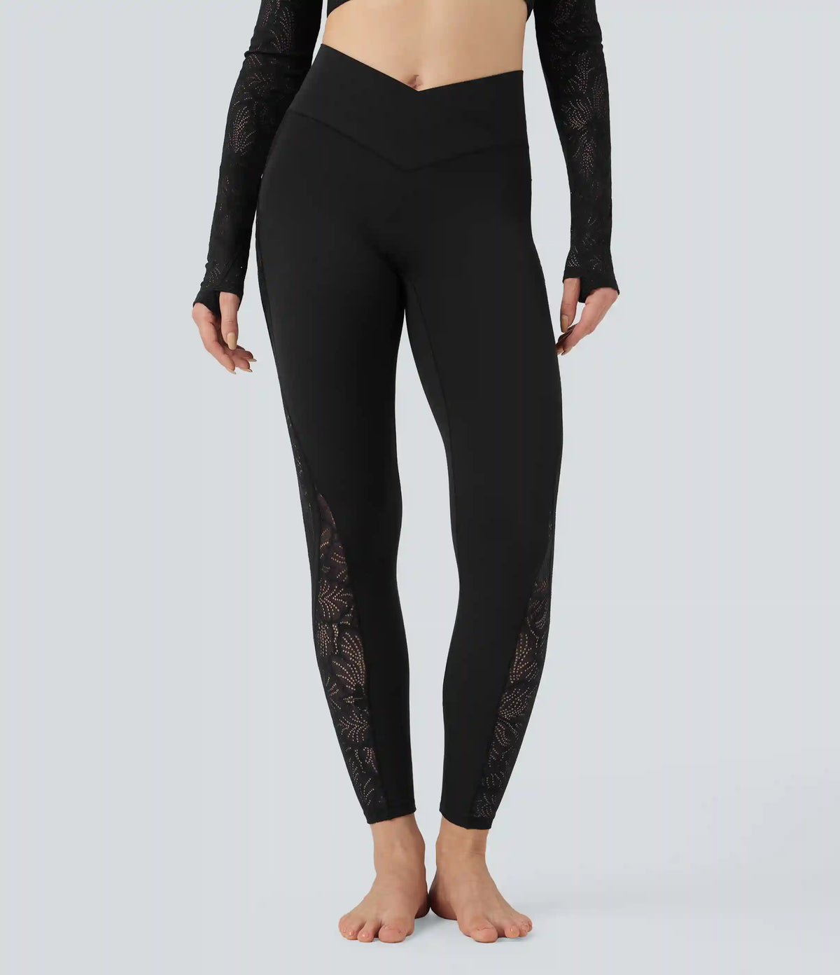 SoftlyZero™ Crossover Mid Rise Contrast Lace Yoga Leggings with Pocket