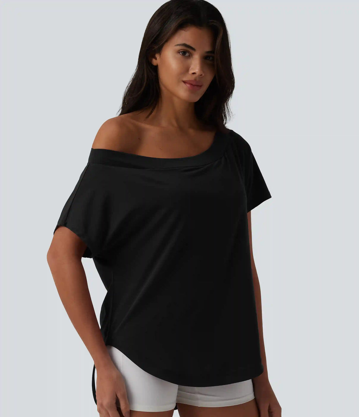 One Shoulder Short Sleeve Curved Hem High Low Quick Dry Yoga Sports Top-Built-in Bra