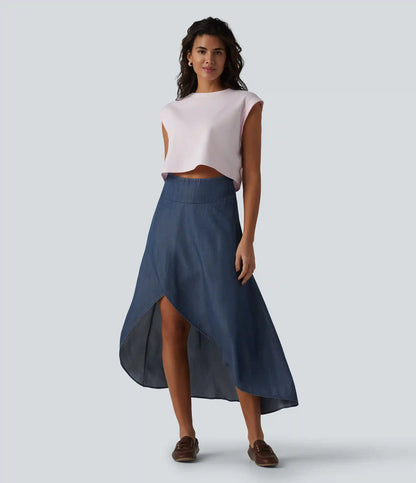 High Waisted Invisible Zipper Asymmetric Hem Midi Draped Lyocell Denim Casual Flowy Skirt with Pockets