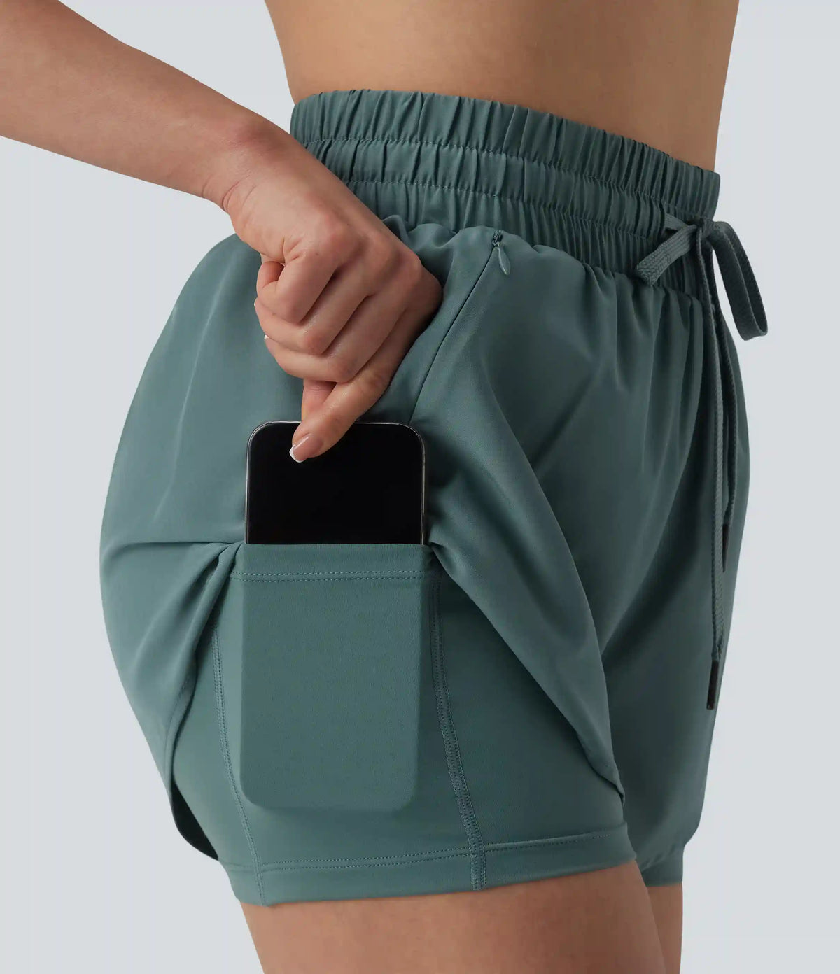 High Waisted Drawstring 2-in-1 Running Shorts with Pockets