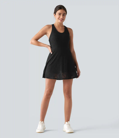 SoftlyZero™ QuickDry Built-in Bra Contrast Lace 2-in-1 Flare Mini Yoga Active Dress with Pockets-Easy Peezy Edition
