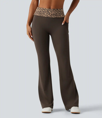 Halara UltraSculpt™ Mid Rise Foldover Tummy Control Leopard Print Flare Yoga Leggings with Pockets
