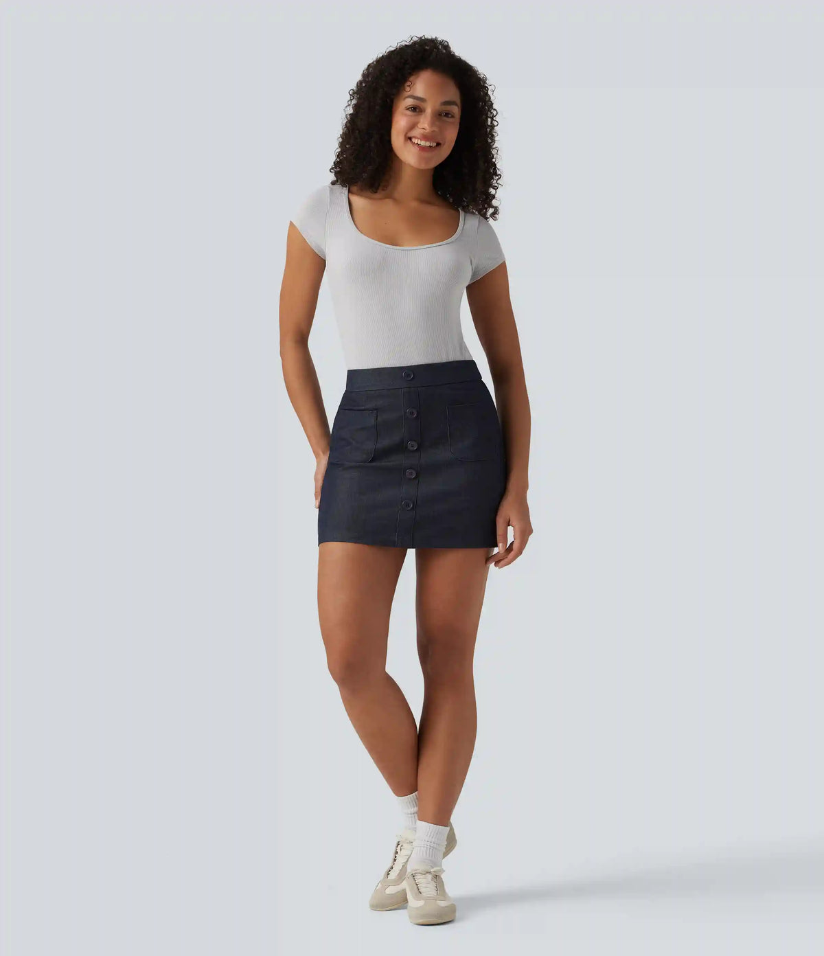 High Waisted Invisible Zipper 2-in-1 Denim Like Bodycon Mini Casual Skirt with Pockets
