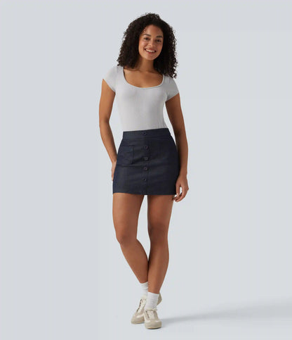 High Waisted Invisible Zipper 2-in-1 Denim Like Bodycon Mini Casual Skirt with Pockets