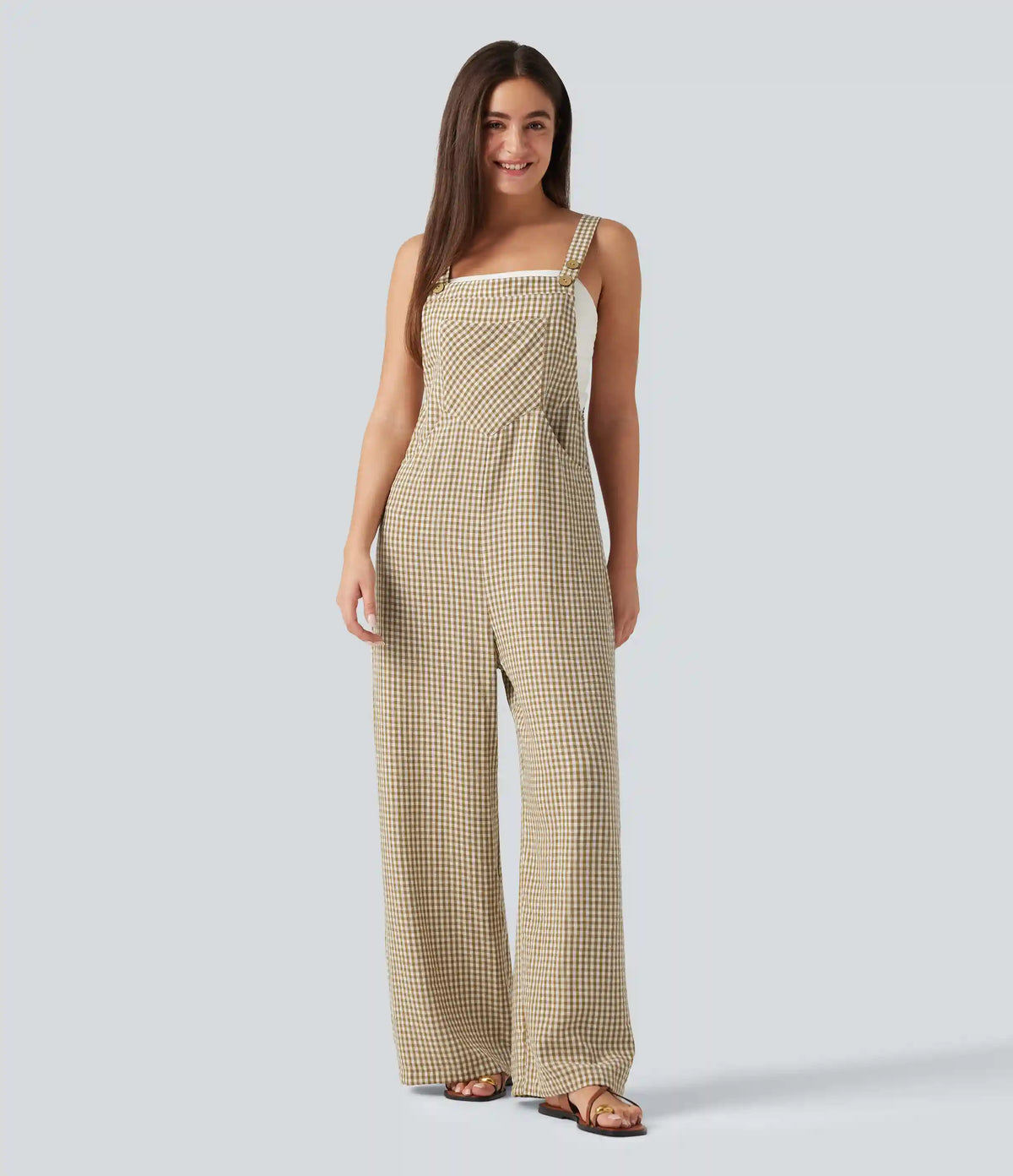Plaid Casual Linen-Feel Overalls with Pockets