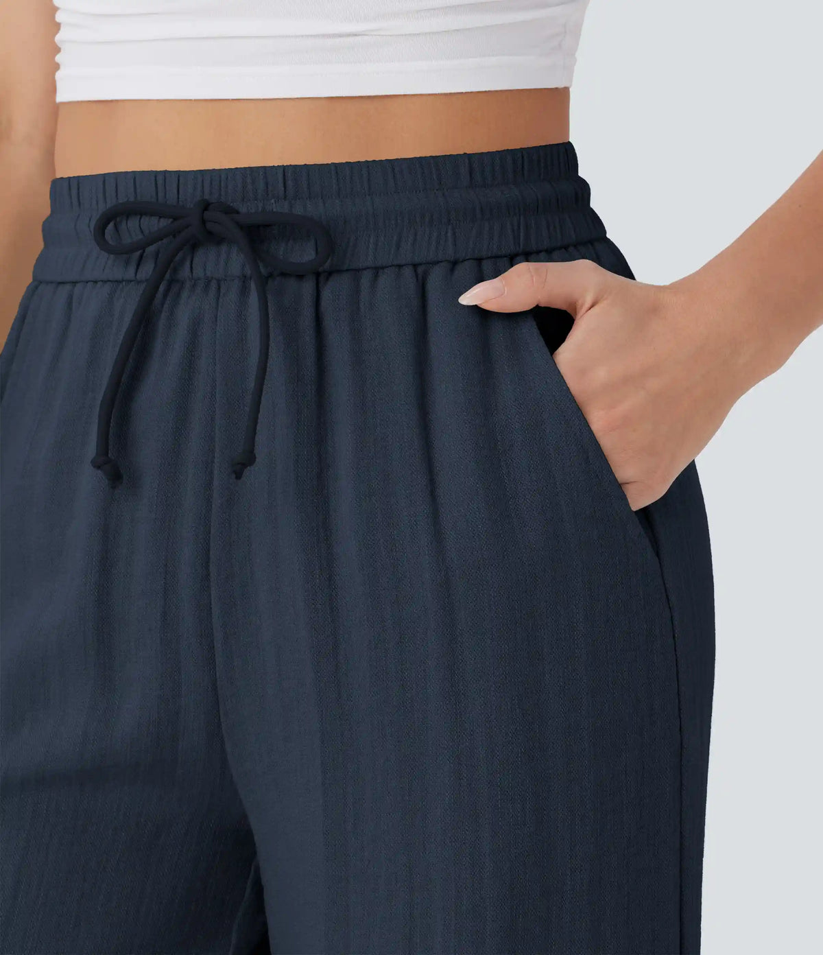 High Waisted Drawstring Pocket Wide Leg Baggy Casual Linen-Feel Pants