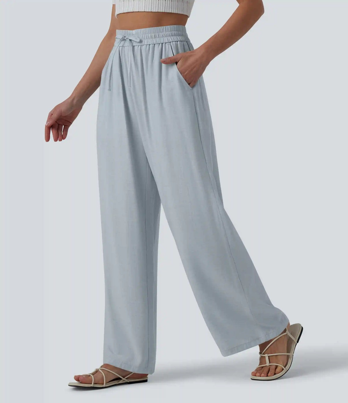 High Waisted Drawstring Wide Leg Casual Linen-Blend Pants with Pockets
