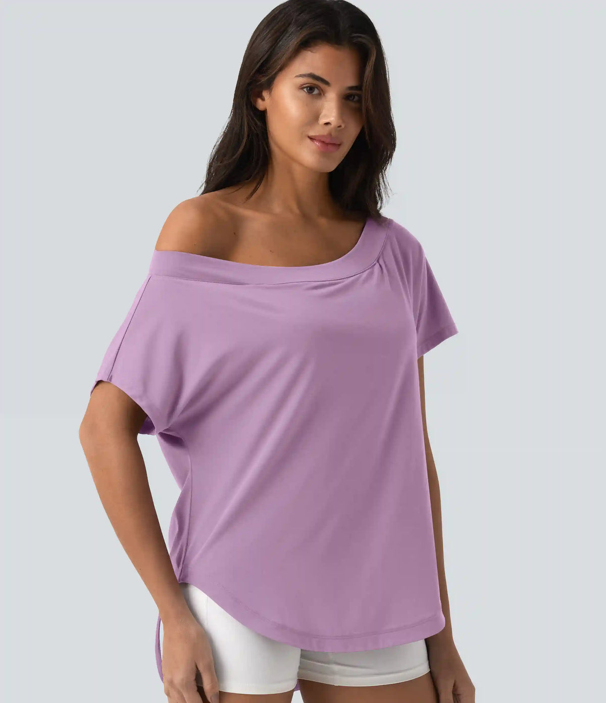 One Shoulder Short Sleeve Curved Hem High Low Quick Dry Yoga Sports Top-Built-in Bra