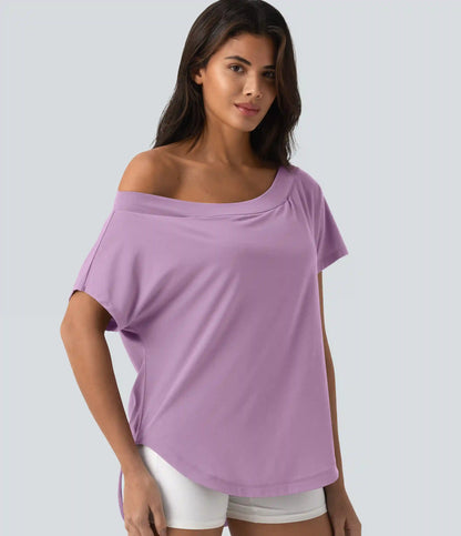 One Shoulder Short Sleeve Curved Hem High Low Quick Dry Yoga Sports Top-Built-in Bra
