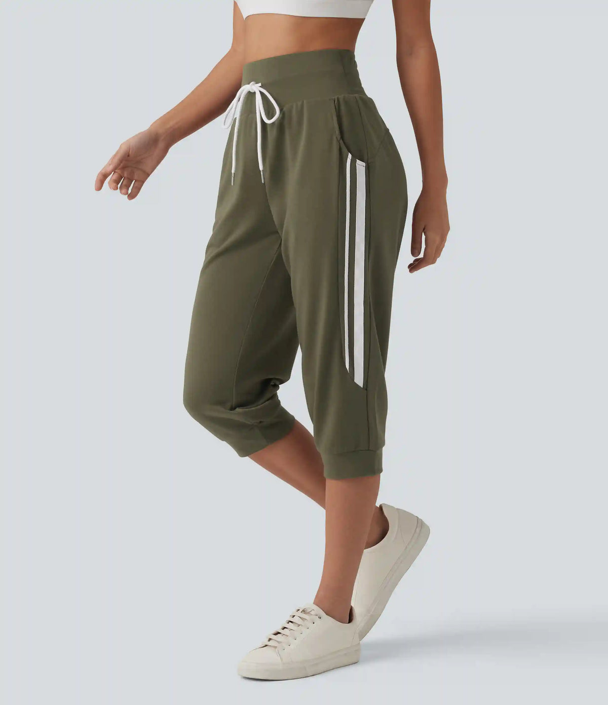 High Waisted Drawstring Stripe Capri Casual Joggers with Pockets