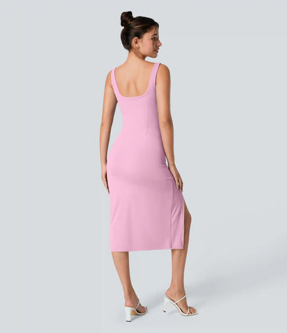 SoftlyZero™ Airy Square Neck Backless Corset Ruched Split Bodycon Midi InstantCool Bridesmaid and Wedding Guest Dress