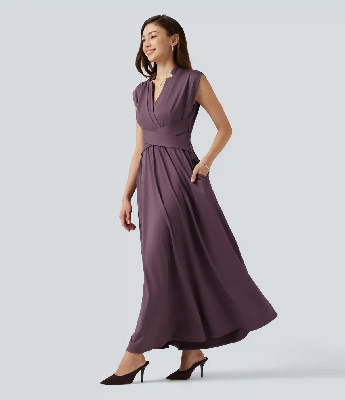 V Neck Sleeveless Flowy Midi Work Dress with Pockets