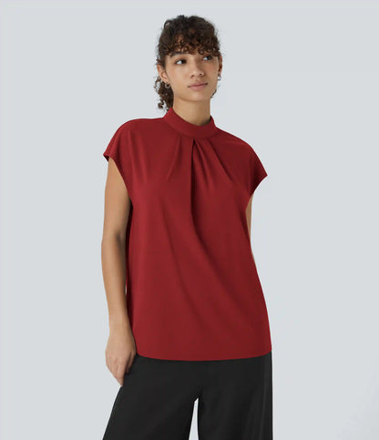 Stand Collar Back Cap Sleeve Work Blouse