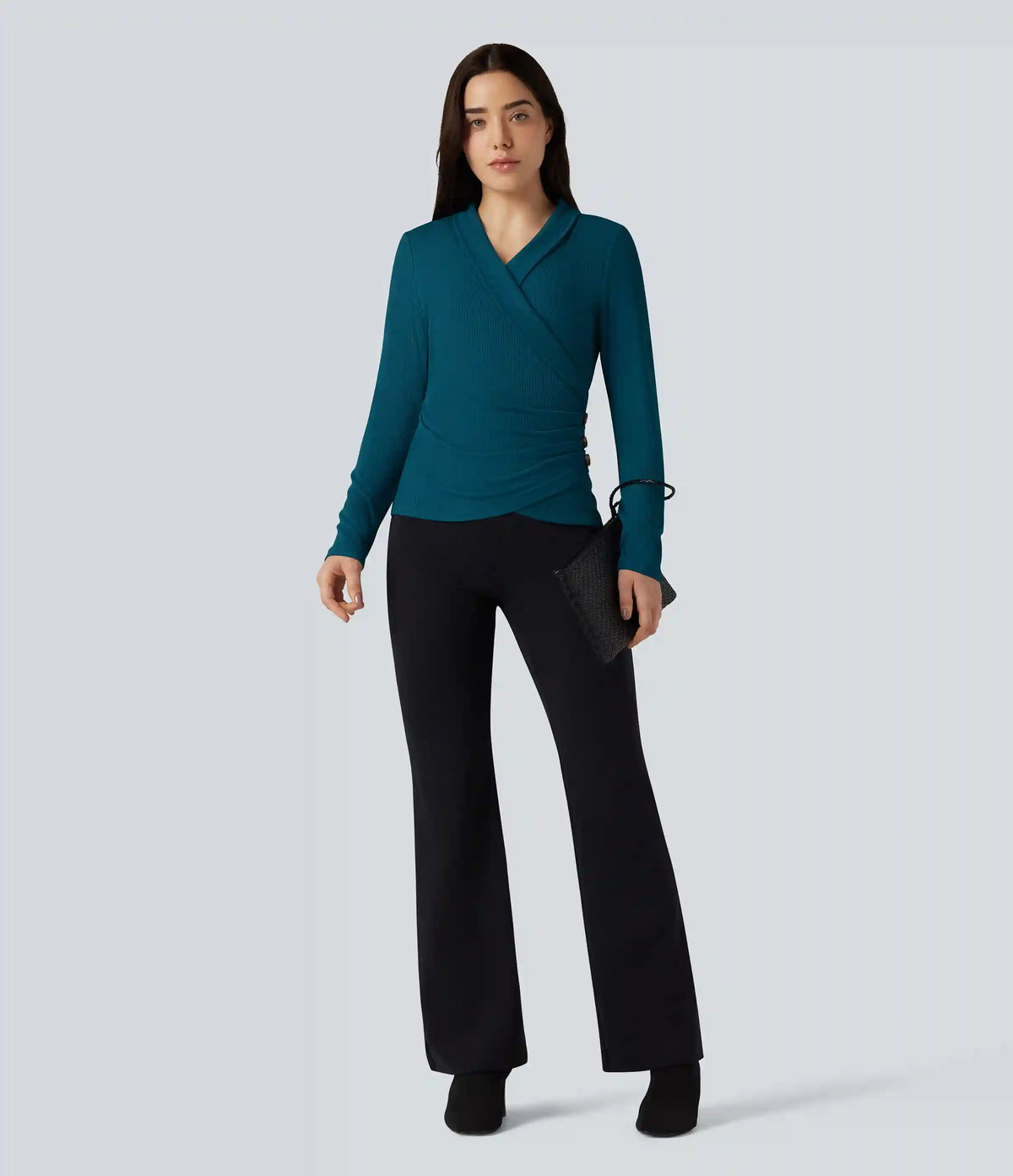 Ribbed Knit V-neck Crossover Long Sleeve Work Top