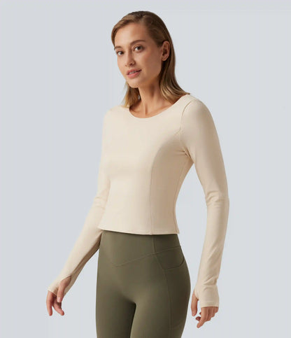 SoftlyZero™ Plush Round Neck Thumb Hole Long Sleeve Yoga Sports Top with Built-in Bra