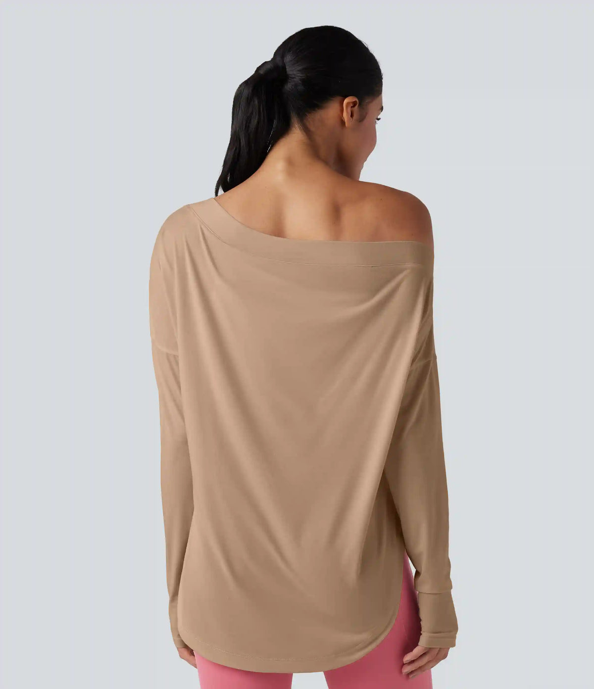 One Shoulder Long Sleeve Thumb Hole Curved Hem High Low Quick Dry Yoga Sports Top-Built-in Bra