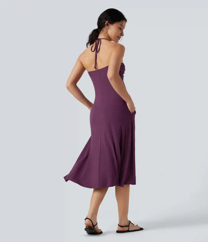 Halter Tie Back A-Line Midi Dress with Pockets