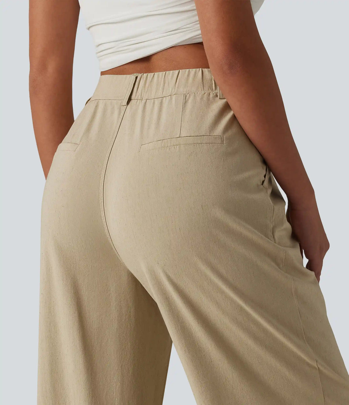 High Waisted Straight Leg Casual Stretch Linen Pants with Pockets
