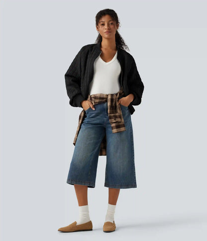 Stand Collar Long Sleeve Casual Bomber Jacket with Pockets