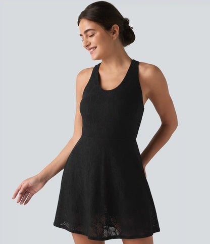 SoftlyZero™ QuickDry Built-in Bra Contrast Lace 2-in-1 Flare Mini Yoga Active Dress with Pockets-Easy Peezy Edition