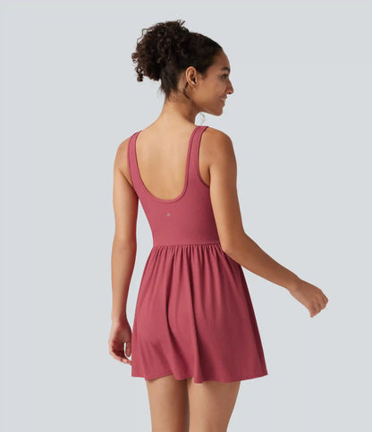 Ribbed Henley Neck Built-in Bra 2-in-1 Mini Tennis Active Tank Dress with Pockets-Easy Peezy Edition