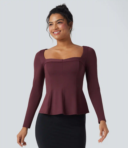 Square Neck Long Sleeve Ruffle Hem Work T-Shirt
