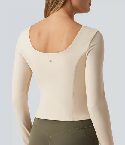 SoftlyZero™ Plush Round Neck Thumb Hole Long Sleeve Yoga Sports Top with Built-in Bra