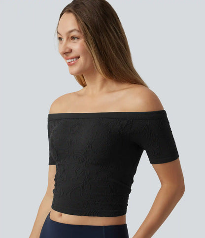 OneForm Seamless Flow Off Shoulder Short Sleeve Built-in Bra Cropped Yoga Sports Top