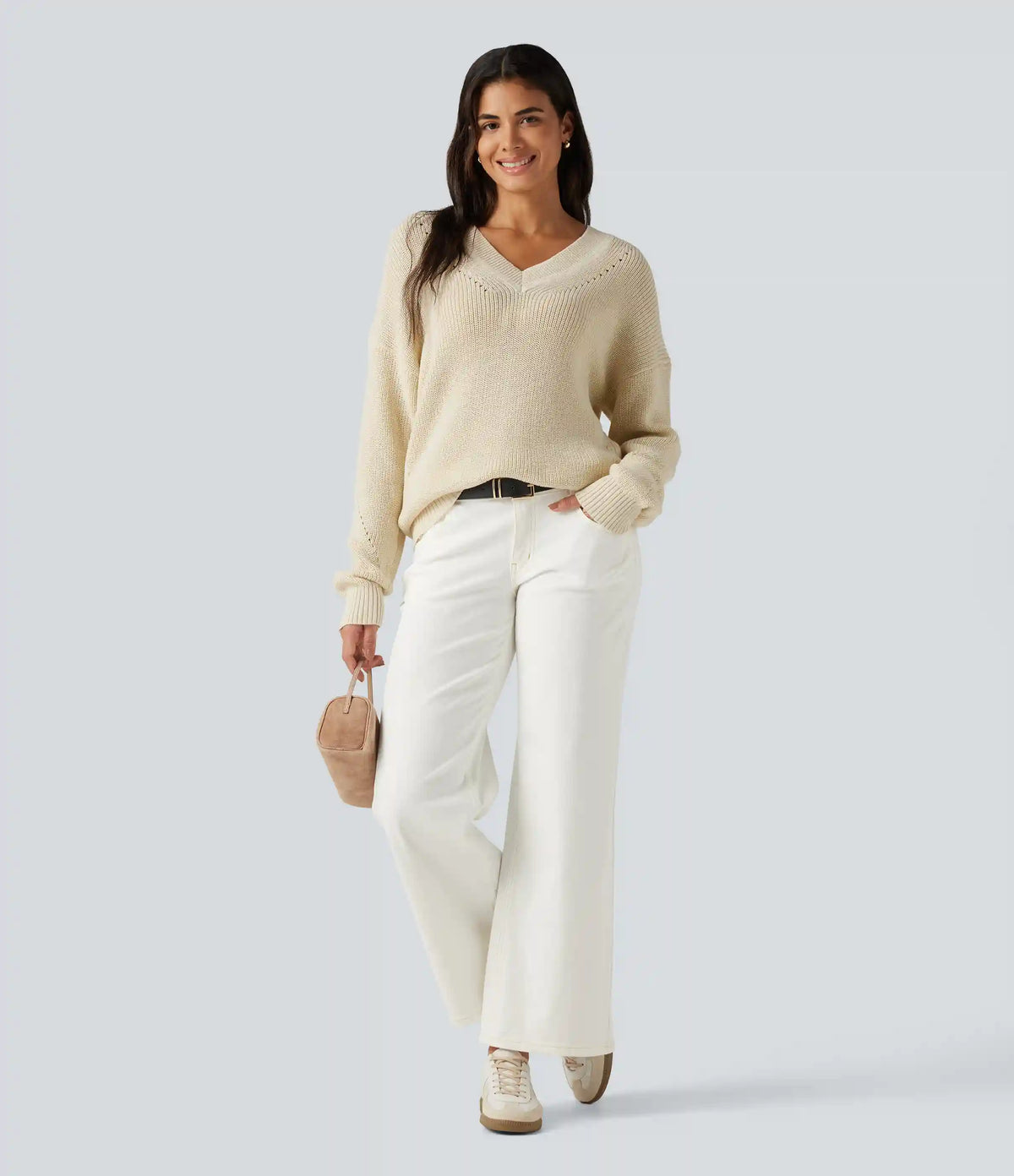 V Neck Dropped Shoulder Long Sleeve Cut Out Casual Sweater