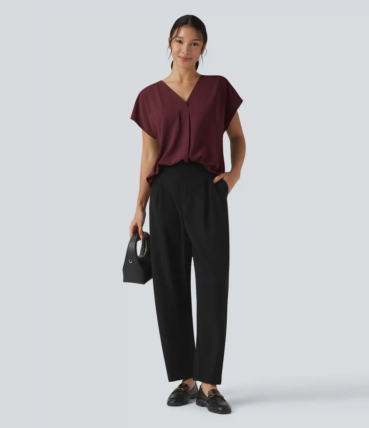 Wrinkle Recovery V-neck Short Sleeve Oversized Work Blouse