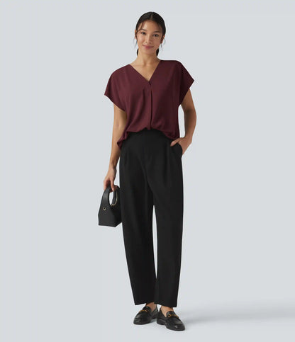 Wrinkle Recovery V-neck Short Sleeve Oversized Work Blouse