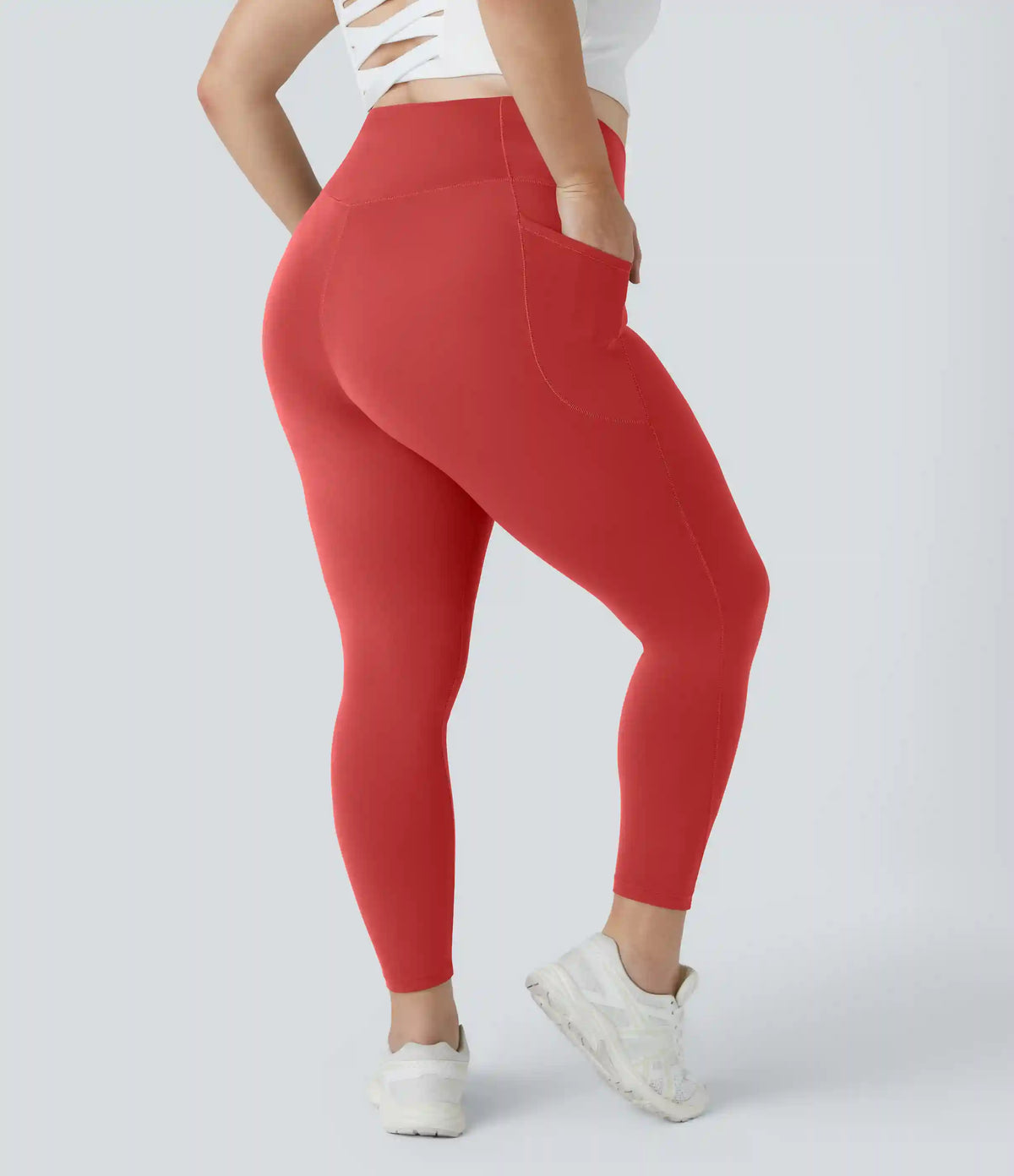 SoftlyZero™ High Waisted Crossover Pocket Plain Plus Size Full Length Leggings