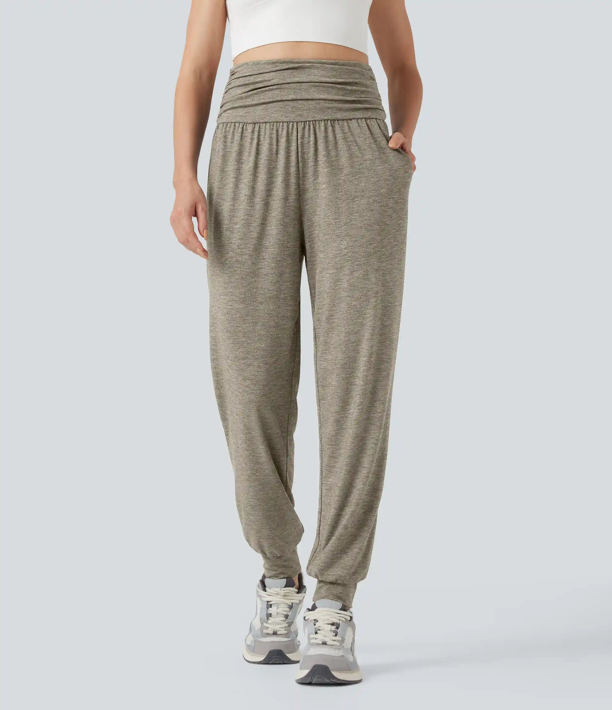 High Waisted Ruched Heathered Yoga Joggers with Pockets