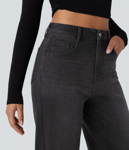 Halara Flex™ High Waisted Pockets Rolled Hem Wide Leg Washed Casual Jeans
