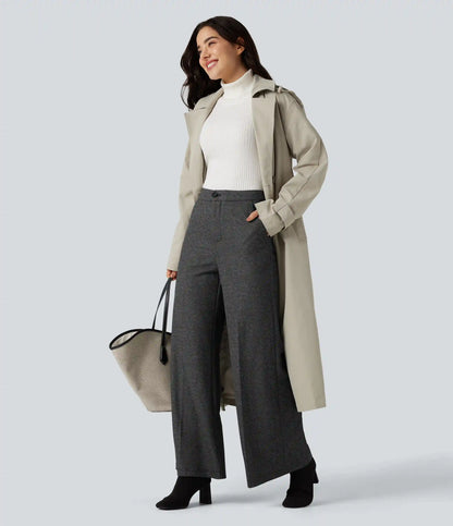 High Waisted Wide Leg Herringbone Work Pants with Pockets