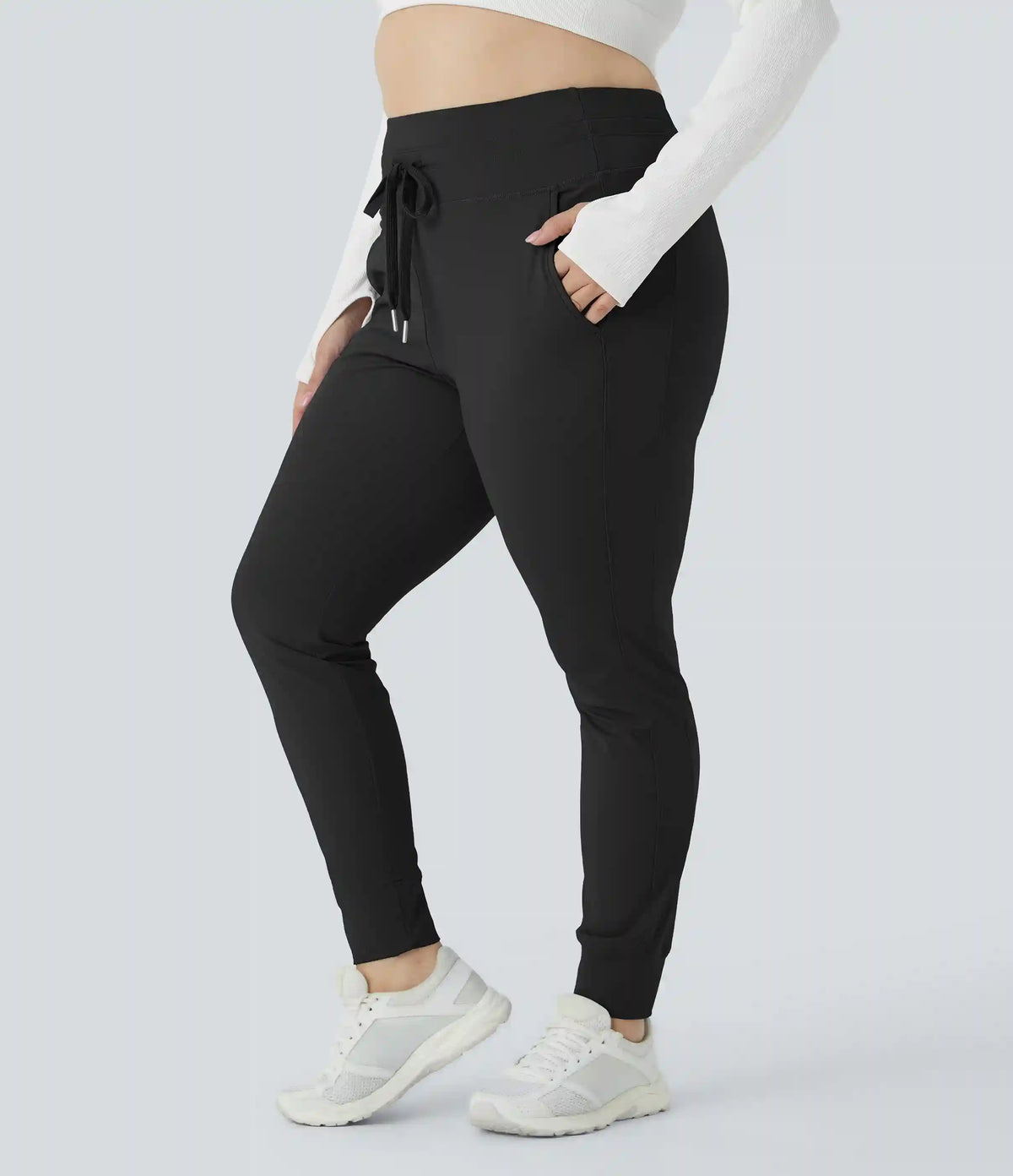 SoftlyZero™ Plush High Waisted Drawstring Pocket Plain Full Length Plus Size Joggers