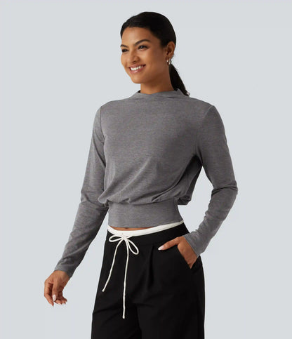 Mock Neck Long Sleeve Boxy Casual Top