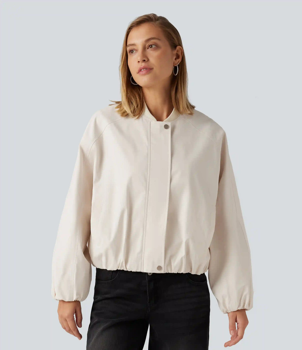Round Neck Long Sleeve Casual Bomber Jacket with Pockets