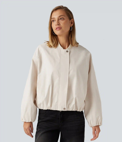 Round Neck Long Sleeve Casual Bomber Jacket with Pockets