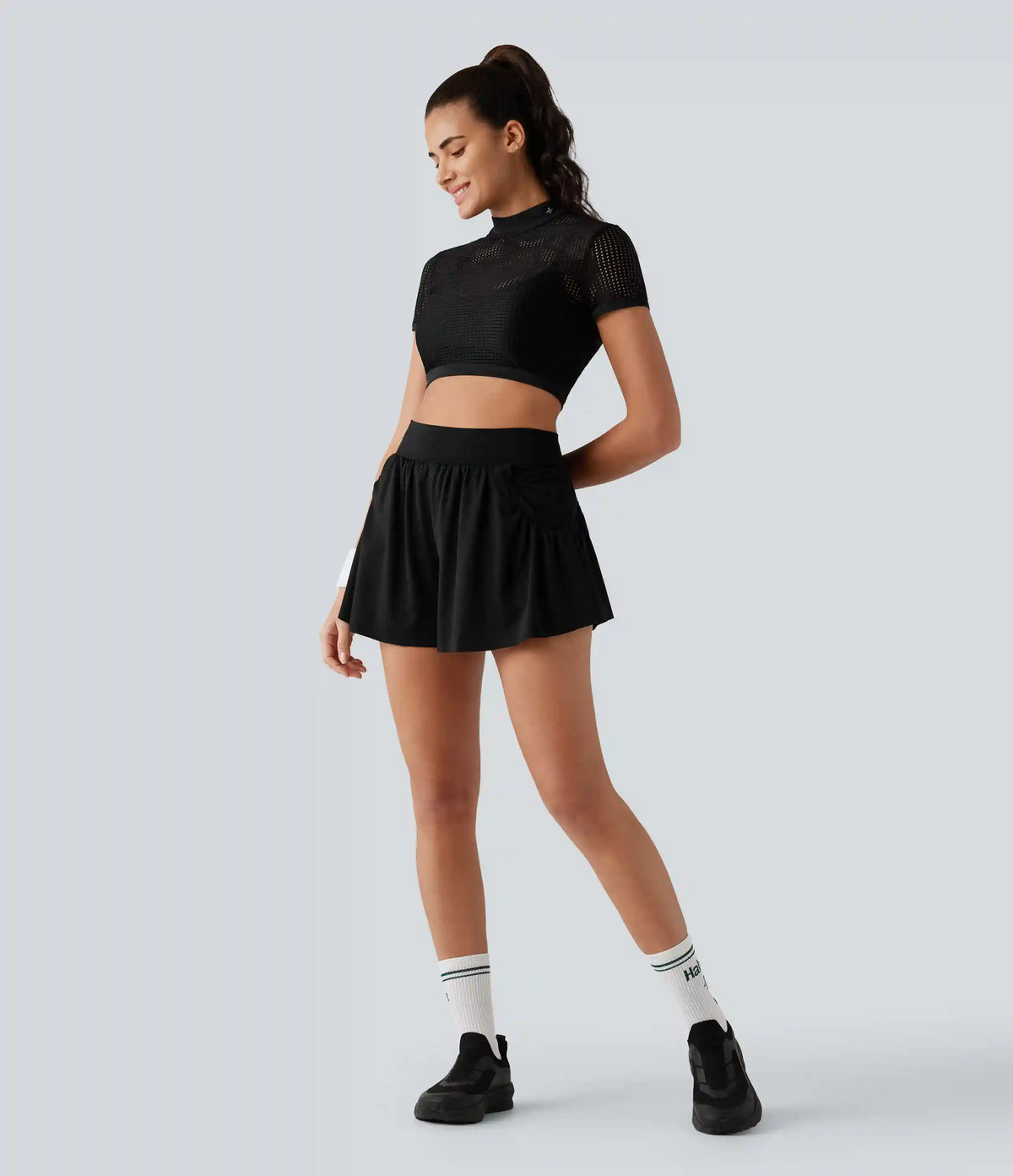 Mock Neck Short Sleeve Eyelet Cropped Running Sports Top-No Sports Bra Included