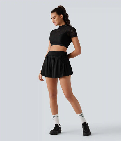 Mock Neck Short Sleeve Eyelet Cropped Running Sports Top-No Sports Bra Included