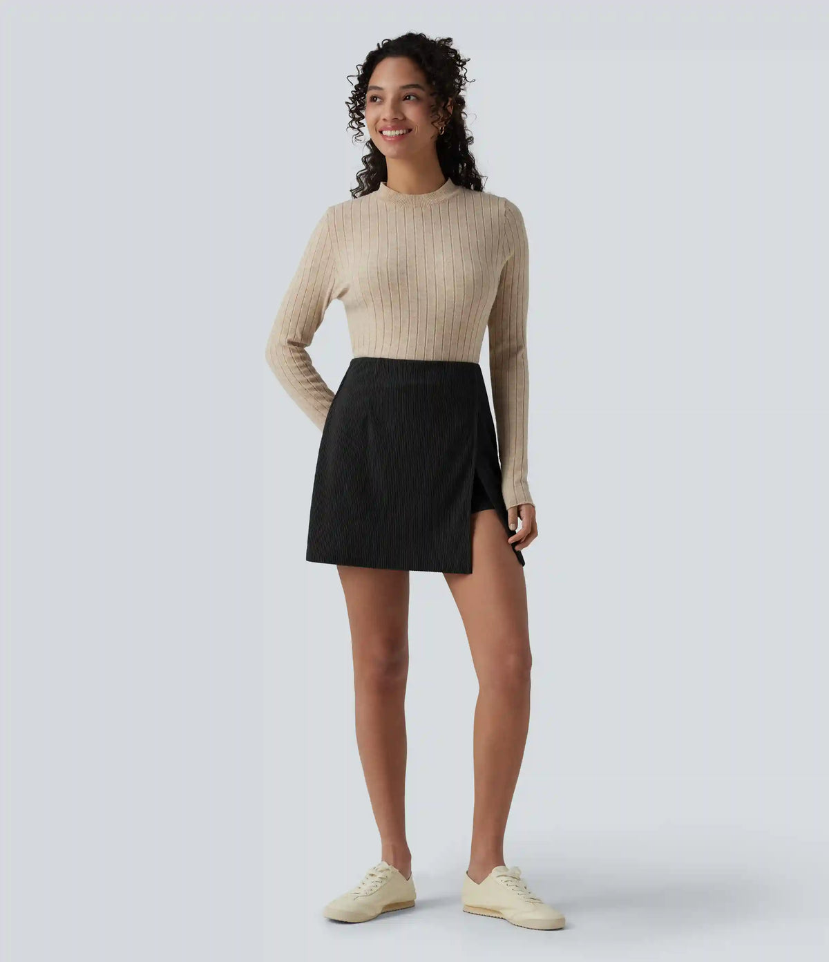 High Waisted Back Zipper Split Hem 2-in-1 Corduroy Casual Skirt-Longer Length