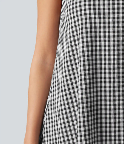 Round Neck Sleeveless Built-in Bra Midi Crinkle Gingham Casual Tank Dress with Pockets